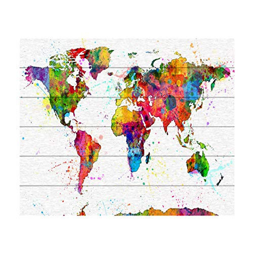 Trademark Fine Art Map of The World Watercolor by Michael Tompsett, Wood Slats 18x22, Multi-Color