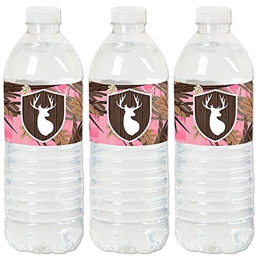Pink Gone Hunting - Deer Hunting Girl Camo Baby Shower or Birthday Party Water Bottle Sticker Labels - Set of 20