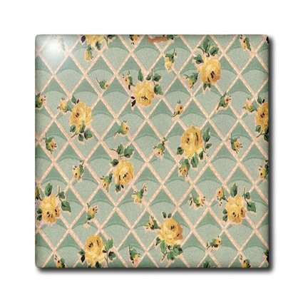 3dRose ct_157556_3 English Wallpaper Pattern Ceramic Tile, 8-Inch, Vintage Teal/Yellow