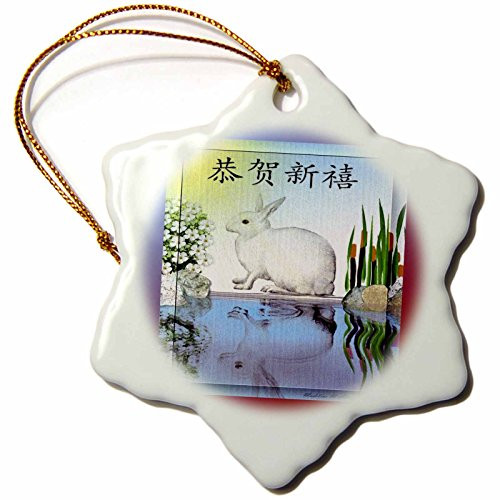 3dRose orn_6539_1 Happy New Year 2 Hare Chinese Porcelain Snowflake Ornament, 3-Inch
