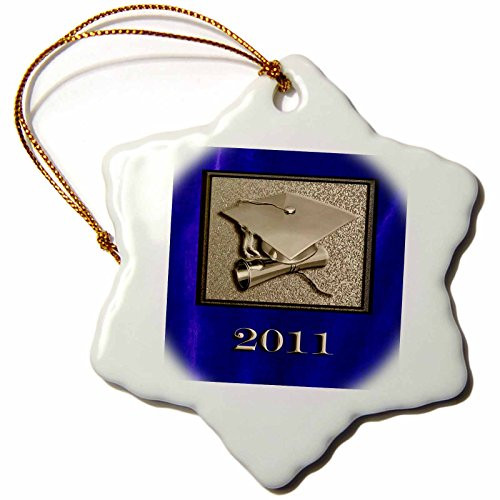3dRose Beverly Turner Design - Graduation 2011, Cap and Diploma, Gold on Blue - 3 inch Snowflake Porcelain Ornament (orn_12988_1)