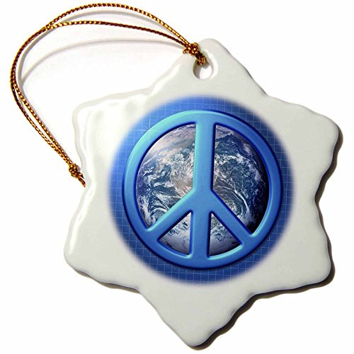 Perkins Designs Peace on Earth Large Blue Peace Sign Over The Planet Earth Snowflake Porcelain Ornament, 3-Inch