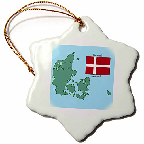3dRose ORN_37583_1 The Map and Flag of Denmark with Denmark Printed in English and Danish Snowflake Porcelain Ornament, 3-Inch