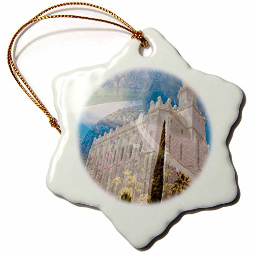 3dRose ORN_47516_1 A Double Exposure of The St. George, Utah LDS Temple and The Flower Bed and Walk Way Snowflake Porcelain Ornament, 3-Inch