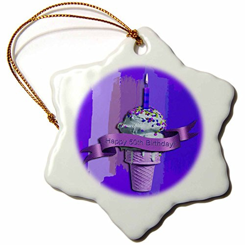 3dRose orn_49108_1 Happy 50Th Birthday, Ice Cream Cone on Abstract, Purple Snowflake Porcelain Ornament, 3-Inch