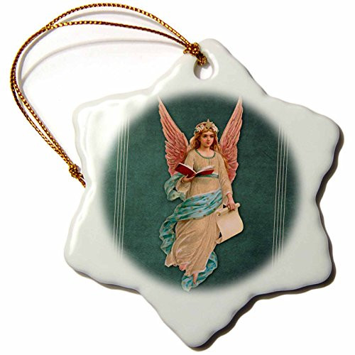 3dRose ORN_53904_1 Angel in Peach Robe with Teal Sash and Rose Wings on a Teal Background Snowflake Porcelain Ornament, 3-Inch