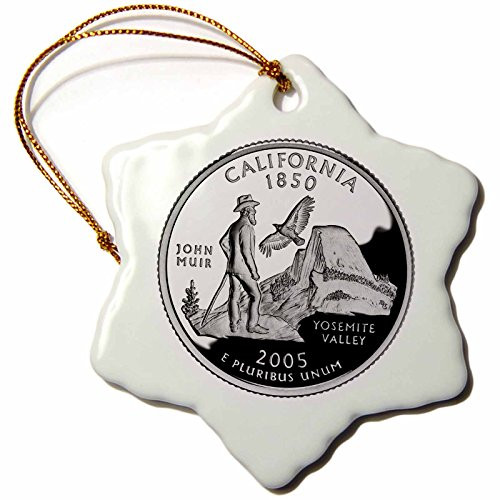 3dRose orn_55381_1 State Quarter of California PD-US Snowflake Porcelain Ornament, 3-Inch