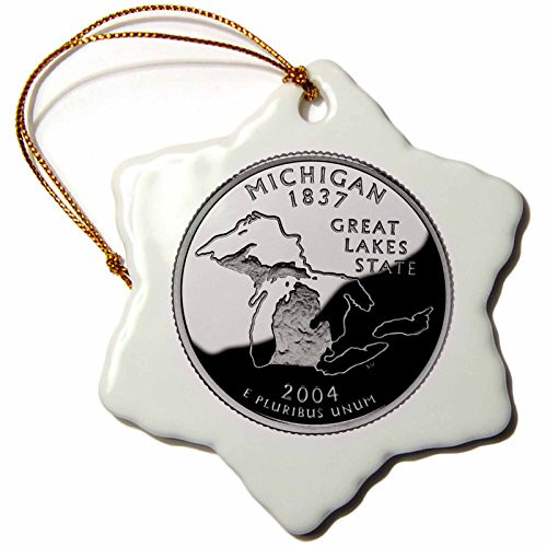 3dRose orn_57007_1 State Quarter of Michigan Snowflake Decorative Hanging Ornament, Porcelain, 3-Inch