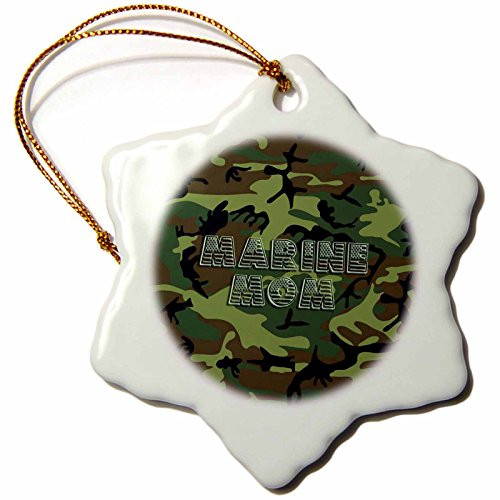 3dRose orn_60440_1 Woodland Green Camouflage with Flag Font Marine Mom Snowflake Decorative Hanging Ornament, Porcelain, 3-Inch