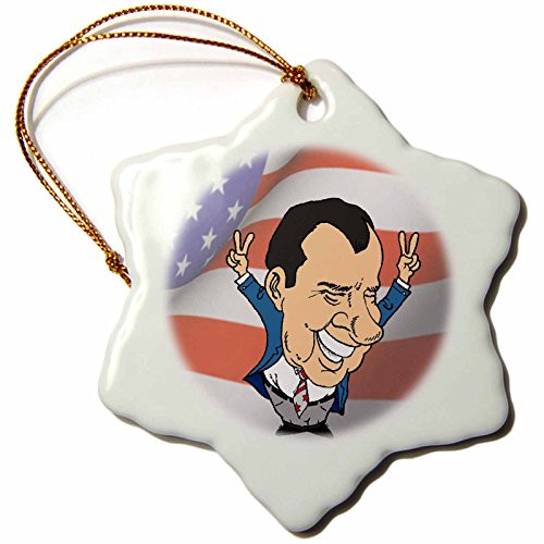 3dRose ORN_61141_1 President Richard Nixon with American Flag Snowflake Porcelain Ornament, 3-Inch