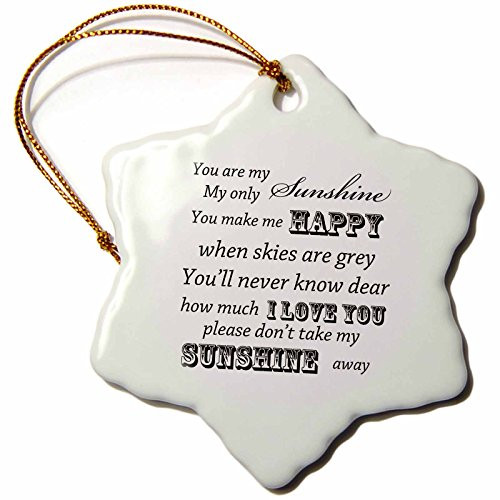 3dRose orn_79151_1 You are My Sunshine Word Art Vintage Song Snowflake Decorative Hanging Ornament, Porcelain, 3-Inch