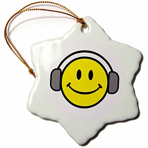 3dRose LLC orn_118624_1 Porcelain Snowflake Ornament, 3-Inch, Cute Smiley Face with Headphones