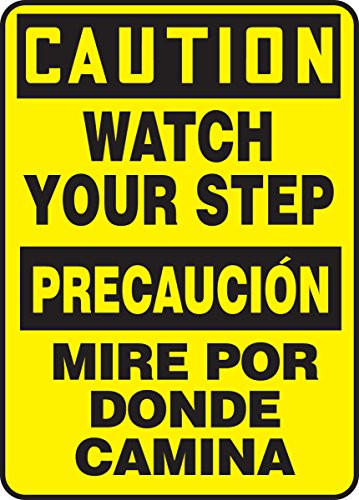 Accuform SBMSTF661XV Spanish-Bilingual Adhesive Dura-Vinyl Sign, Legend"CAUTION WATCH YOUR STEP", 14" Length x 10" Width x 0.006" Thickness, Black on Yellow