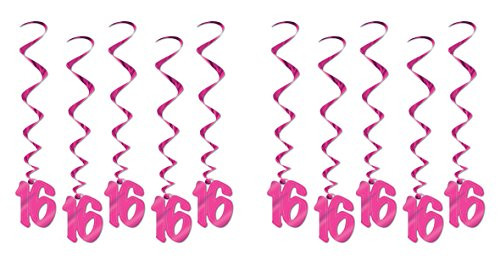 Beistle S57551P16AZ2, 10 Piece "16" Whirls, 3' (Pink)
