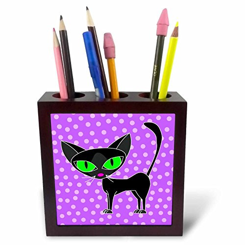 3dRose ph_24626_1 Fancy Feline Black Cat Design in Purple Tile Pen Holder, 5-Inch