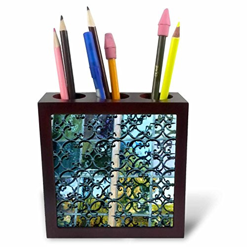 3dRose ph_37335_1 Wrought Iron and Stained Glass-Tile Pen Holder, 5-Inch
