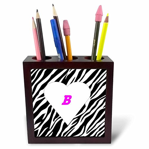 3dRose ph_40771_1 White Heart on Zebra with Pink Letter B Tile Pen Holder, 5-Inch
