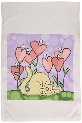 3dRose fl_37499_1 Valentine Folk Art Whimsical Heart Flower Garden with Cat Purple Background Garden Flag, 12 by 18-Inch
