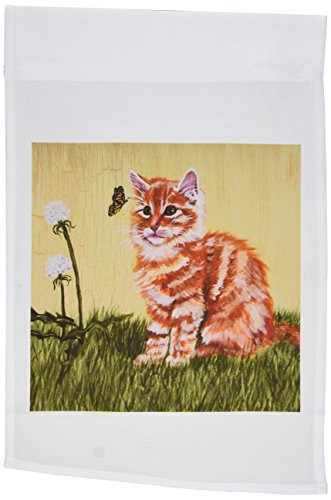 3dRose fl_44379_1 Orange and White Striped Tabby Kitten Staring at Butterfly with Yellow Crackled Background Garden Flag, 12 by 18-Inch