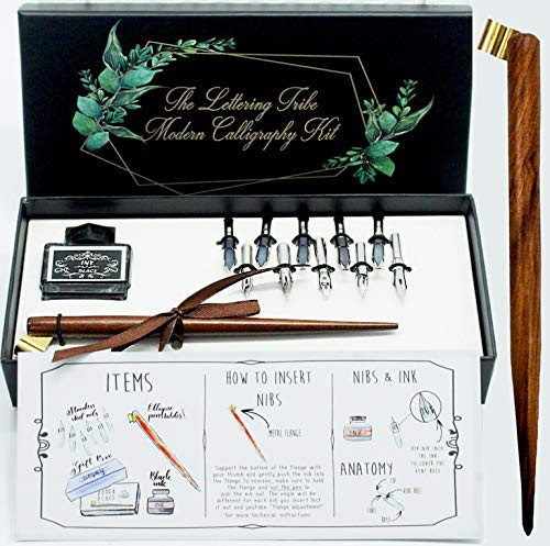 Lettering Tribe Calligraphy Set For Beginners Gift | Wood Oblique Pen + 10 Stainless Steel Nibs + Black Ink | Includes Everything You Need To Learn