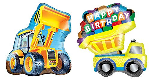 33" Happy Birthday Dump Truck & 32" Construction Loader 2 Piece Mylar Foil Balloon Bundle