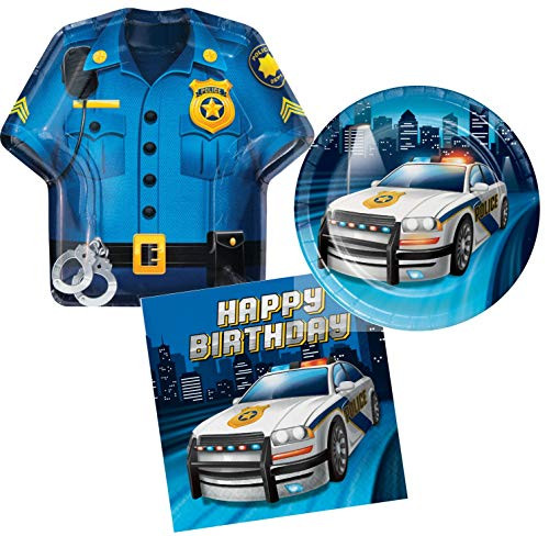 Police Themed Birthday Party Supplies - Bundle Includes Plates and Napkins for 8 Guests.