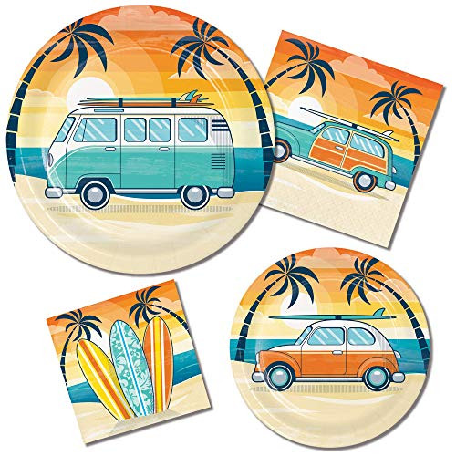 Surfing Theme Party Supplies: Bundle Includes Paper Plates and Napkins for 8 People in a Retro Summer Surfing Design
