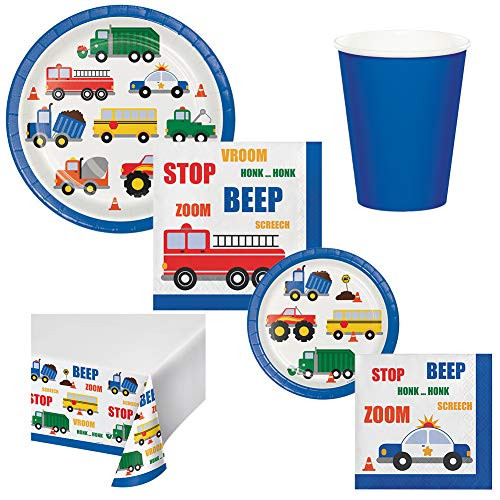 Traffic Jam Birthday Party Supplies Tableware Pack Set for 16 Guests Includes Luncheon Plates, Dessert/Appetizer Plates, Luncheon Napkins, Beverage Napkins, 9 oz Hot/Cold Paper Cups, Table Cover