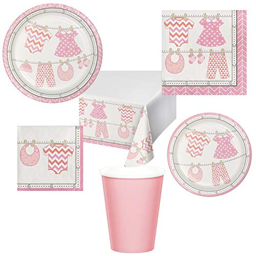 Baby Girl Shower Party Supplies Tableware Pack Set for 16 Guests Includes Luncheon Plates, Dessert/Appetizer Plates, Luncheon Napkins, Beverage Napkins, 9 oz Hot/Cold Paper Cups, Table Cover