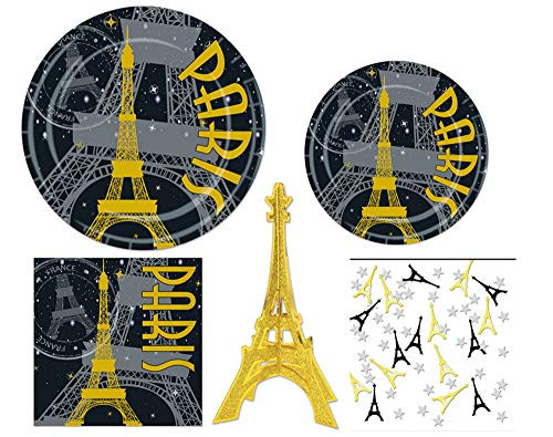 Paris at Night Themed Party Supplies Pack for 8 Guests: Bundle Includes Paper Plates, Napkins, Centerpiece, and Confetti