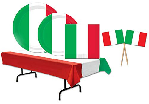 Italian Flag Themed Party Supplies Pack for 8 Guests: Bundle Includes Paper Plates, Napkins, Party Picks, and a Tablecover