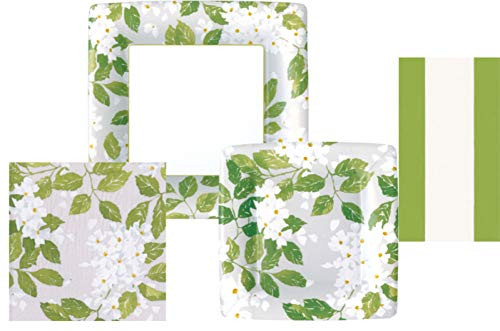 White Floral Garden Party Supply Pack: Bundle Includes Paper Plates, Napkins and Guest Towels for 8 People in a Blanc De Blancs Design