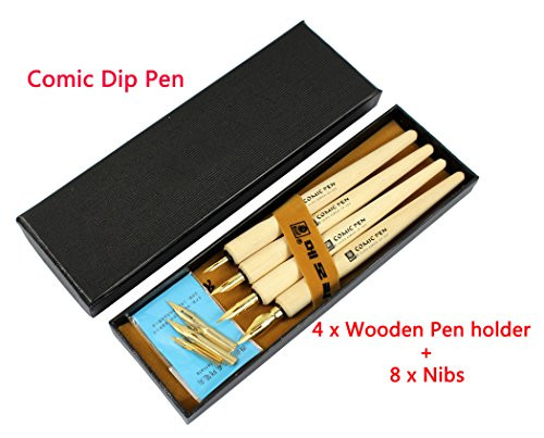 Hillento Comic Dip Pen Set, 4 Wooden Pen Handler Artist Cartoon Pen Set Calligraphy Dip Pens with 8 Nibs - Great for Manga/Comic/Calligraphy/Word Art/Pen-and-Ink Drawing