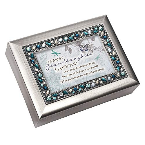Cottage Garden Granddaughter I Love You Brushed Silvertone Blue Jeweled Music Box Plays Wonderful World