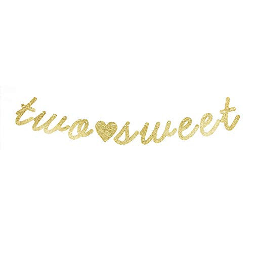 Two Sweet Banner with Heart, Little Girls' Second Birthday Party Decors Cute Gold Gliter Paper Sign Photoprops Two Sweet Banner with Heart, Little Girls' Second Birthday Party Decors Cute Gold Gliter Paper Sign Photoprops