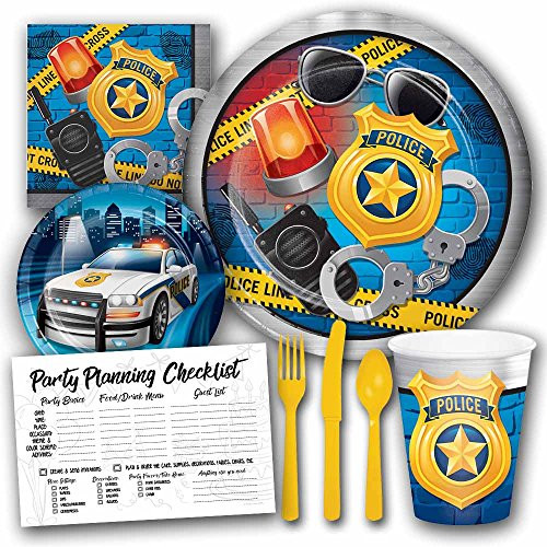 Honey Dew Gifts Police Badge Policeman Theme Birthday Party Supplies Set for Boys - Serves 8 Guests Includes Dinner Plates, Dessert Plates, Napkins, Assorted Yellow Cutlery, Cups & Party Checklist