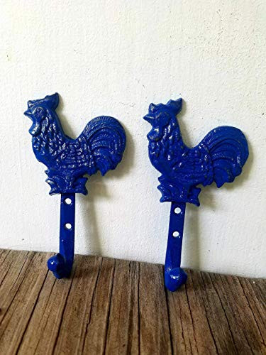 Bright Blue Rooster Hooks Set of 2  Country Kitchen Home Decor  Wall Mounted Cast Iron Rustic  Screws Included