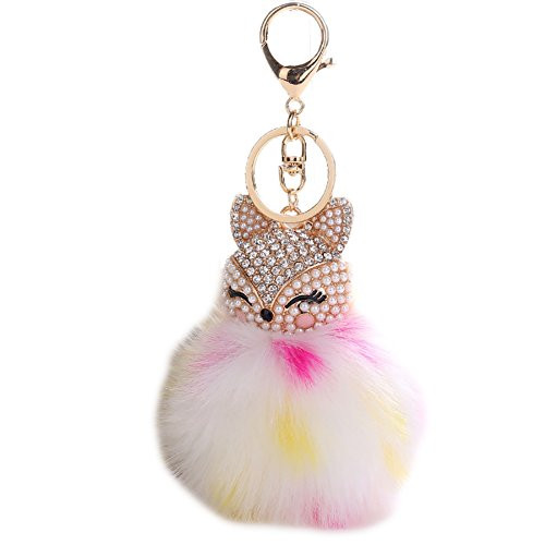 HXINFU Real Rabbit Fur Pom Pom Ball Keychain Fox Head Fluffy Ball Keychain