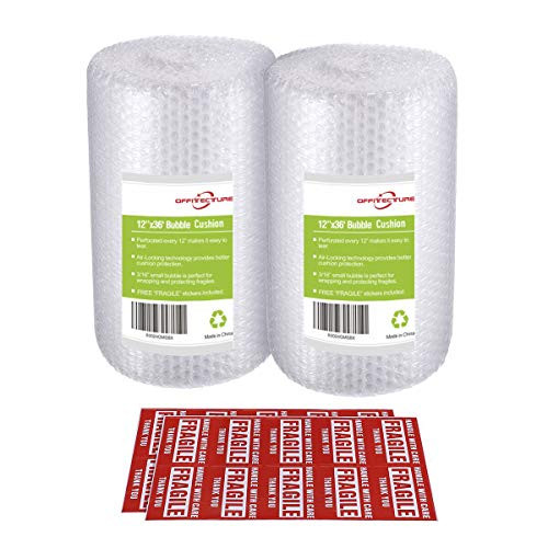 2-Pack Bubble Cushioning Wrap Rolls, 3/16 Air Bubble, 12 Inch x 72 Feet Total, Perforated Every 12, 20 Fragile Stickers Included