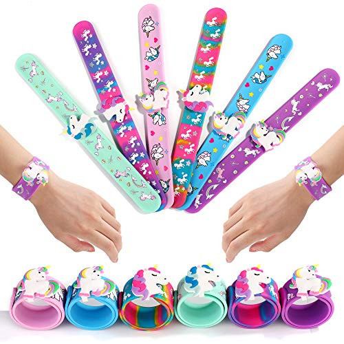 FROG SAC 6 Unicorn Slap Bracelets for Kids, Girls and Women - Girls Unicorn Theme Birthday Party Favors and Supplies - Unicorn Charm Silicone Snap Bracelet Set - Holiday Stuffers, Goodie Bag Fillers
