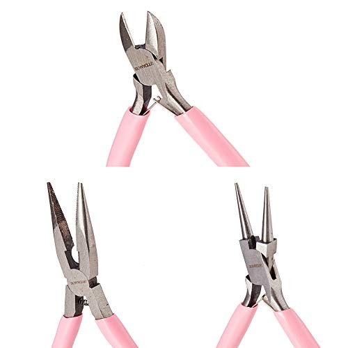 SUNNYCLUE 3pcs Jewelry Pliers Tool Set Professional Precision Pliers for DIY Jewelry Making - Side Cutting Pliers, Long Chain Nose Pliers with Cutter, Round Nose Pliers, Pink