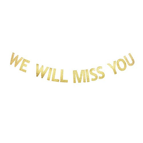 We Will Miss You Banner, Graduation/Leaving The Job/Job Change/Relocation/Moving/Transfer/Farewell Party Gold Gliter Paper Sign Decorations