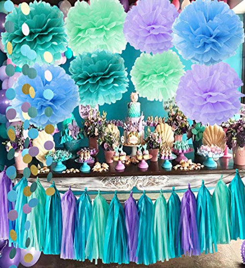 Qian's Party Under The Sea Party Supplies/Mermaid Decorations Teal Purple Mint Tissue Pom First Birthday Decorations Baby Shower Decorations Purple Mermaid Party Supplies/Mermaid Bridal Shower Decor