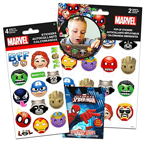 Superhero Party Favors Sticker Set -- 6 Sheets of Marvel Emoji Stickers with Bonus Spiderman Stickers (Marvel Stickers and Party Supplies)