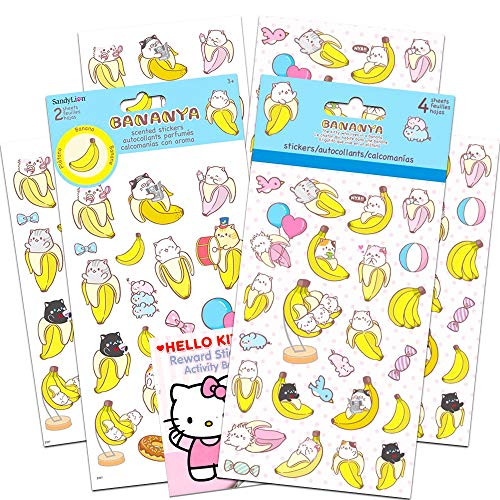 Bananya Sticker Set - 6 Sheet Bananya Sticker Set with Bonus Hello Kitty Stickers (Bananya Gifts, Office Supplies)