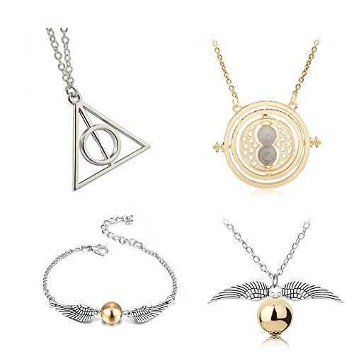 4 Piece Harry Potter Inspired Necklace Set Time Turner Deathly Hallows Golden Snitch for Harry Potter Fans Gifts or Decorations (Necklaces) 4 Piece Harry Potter Inspired Necklace Set Time Turner Deathly Hallows Golden Snitch for Harry Potter Fans Gifts or Decorations (Necklaces)