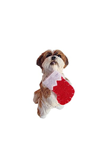 Sandicast Gold and White Shih Tzu Holding Stocking Christmas Ornament