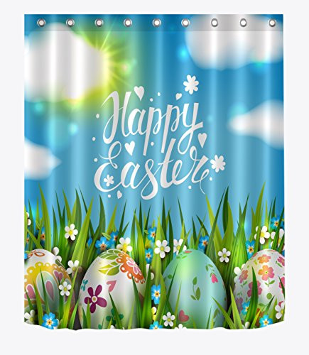 LB Happy Easter Shower Curtain Colorful Eggs Flowers in Grass Artwork Spring Festival Shower Curtains for Bathroom,Waterproof Fabric 60x72 Inch with Hooks