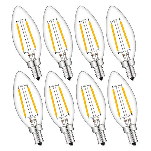 Aomryom Candelabra LED Filament Bulb 25W Equivalent 3000K Warm White, E12 Base 2W LED Chandelier Bulbs, Antique Style B11 Clear Glass Candle Light Bulbs, Non-Dimmable, Pack of 8