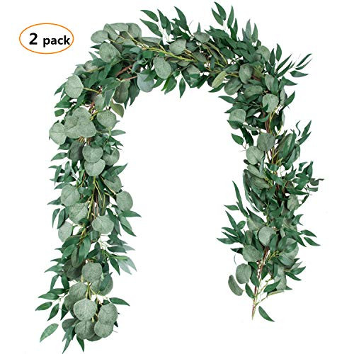 6.5 Feet Artificial Silver Dollar Eucalyptus Leaves Garland and 6 Feet Willow Vines Twigs Leaves Garland String for Doorways Greenery Garland Table Runner Garland Indoor Outdoor.